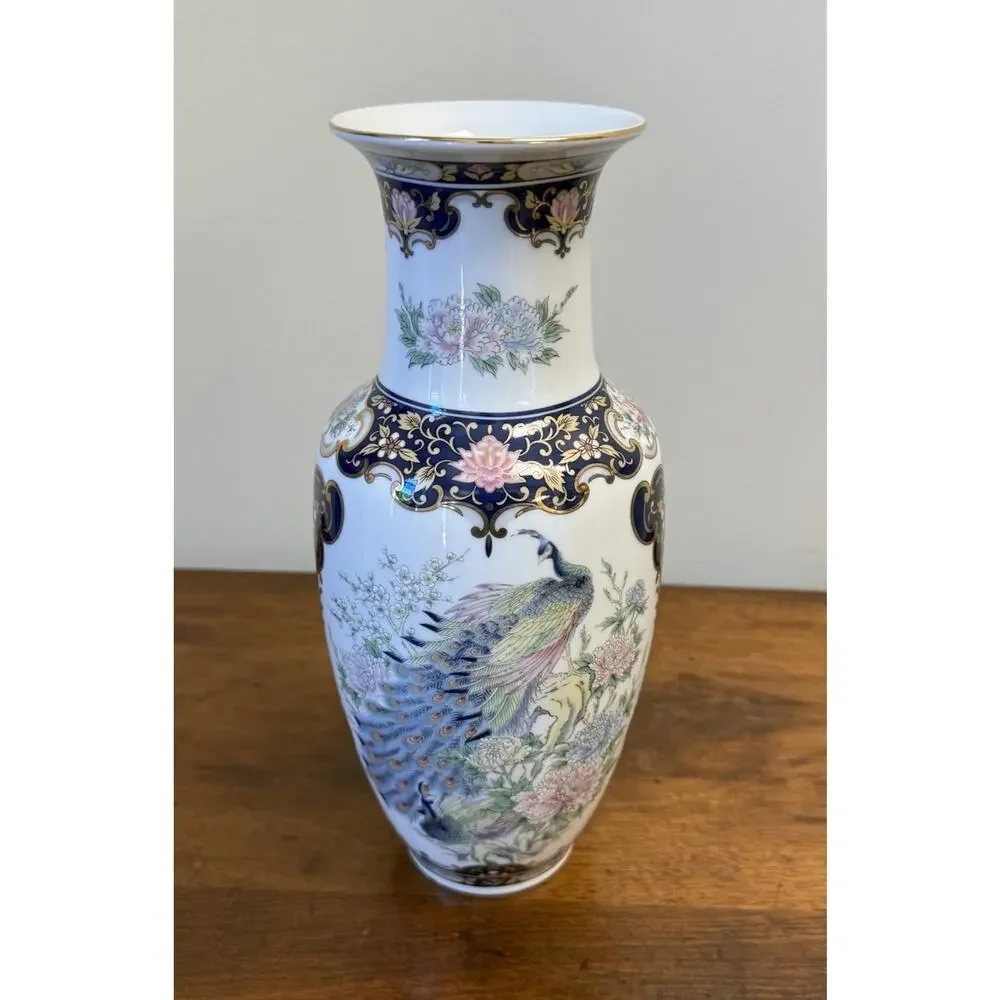 Vintage Japan Porcelain Peacock Floral Vase Cobalt Blue Gold Gilt 10.625
